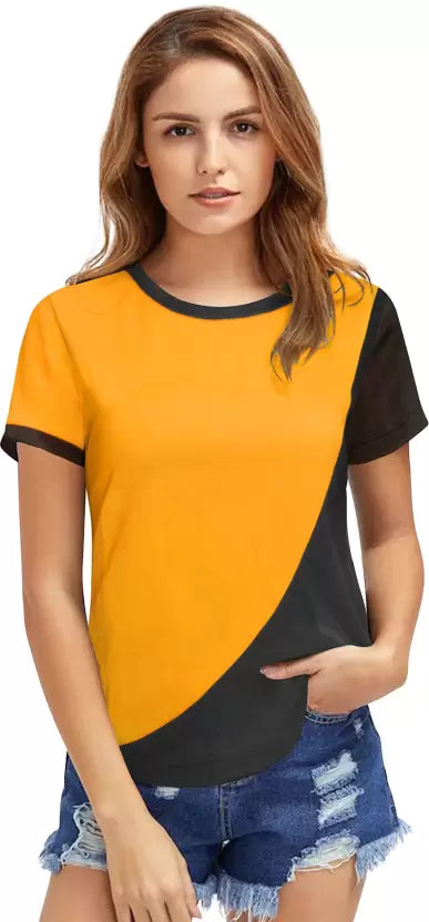 Casual Regular Sleeves Color Block Women Yellow Top